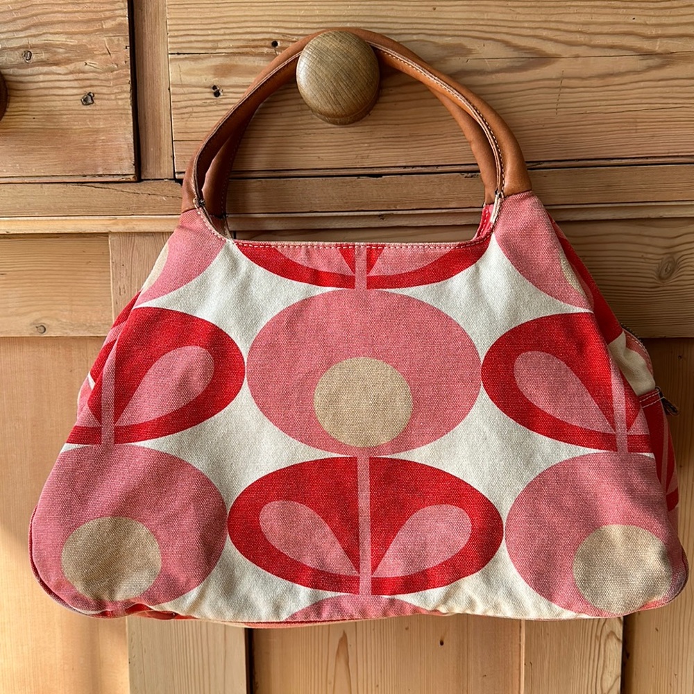 Orla Kiely Midi Shoulder Bag Canvas & L anger Handles Flower Pattern Gently Used